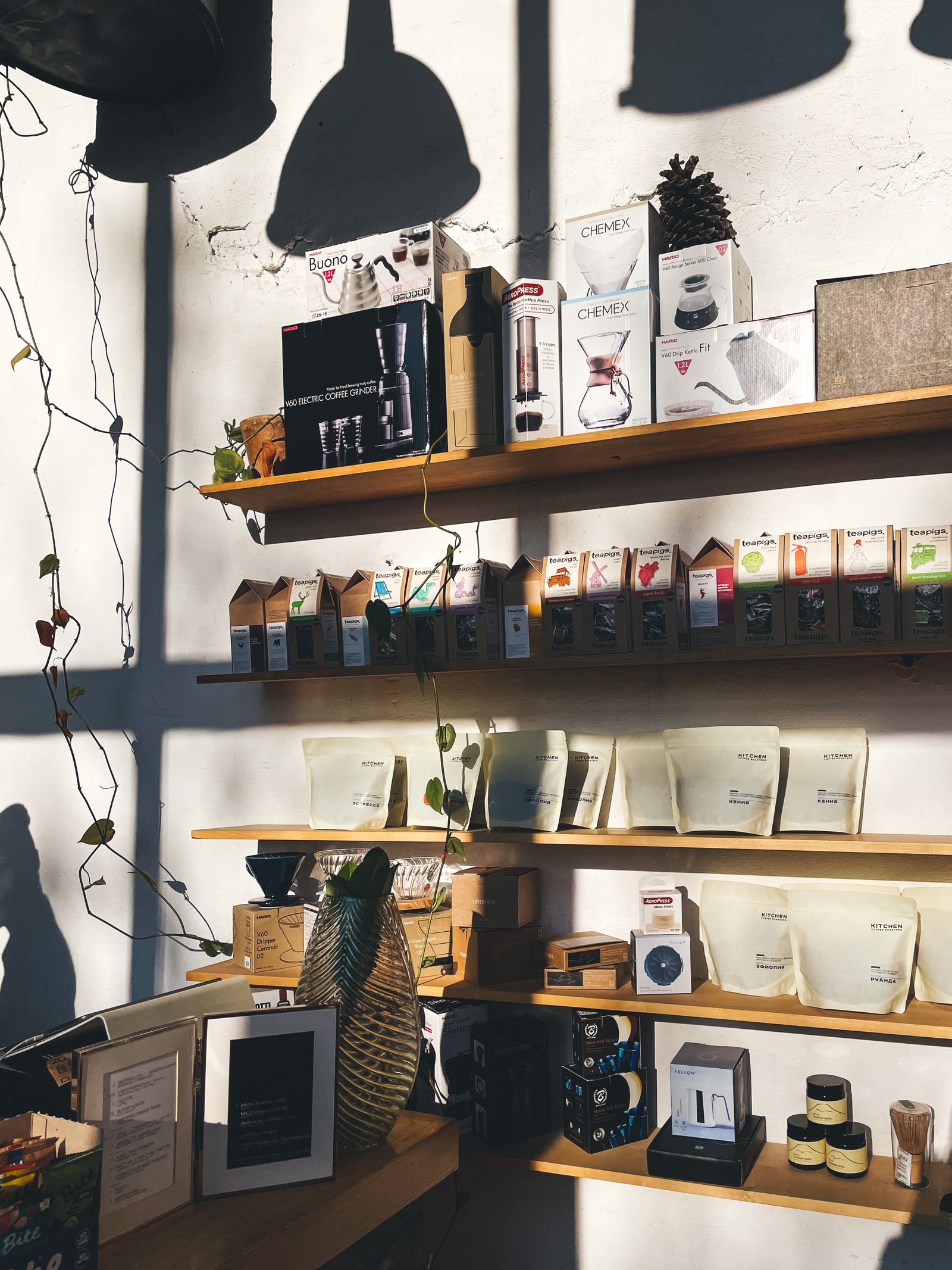 Boutique de torréfaction, paquets de café sur étagères